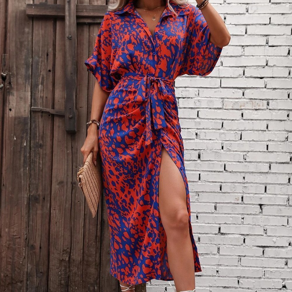 Multicolor Allover Print Batwing Sleeve Belted Shirt Dress chic elegant - Picture 4 of 5